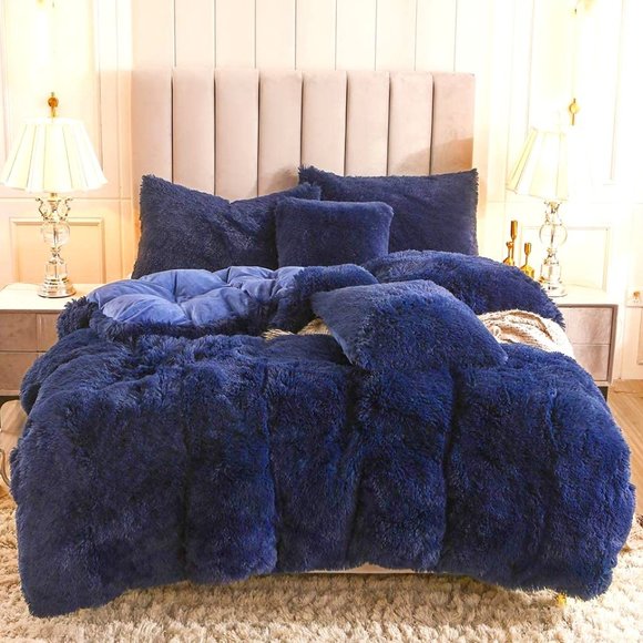 💎NAVY Queen Faux Fur Comfy Plush Shaggy Duvet Cover Set Luxury Soft Velvet 💎 - Picture 1 of 8